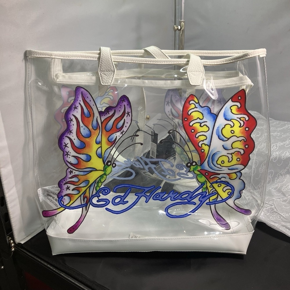 NWT ED HARDY PVC Bag Purple Butterfly Clear Tote Shoulder Bag Beach Summer $159